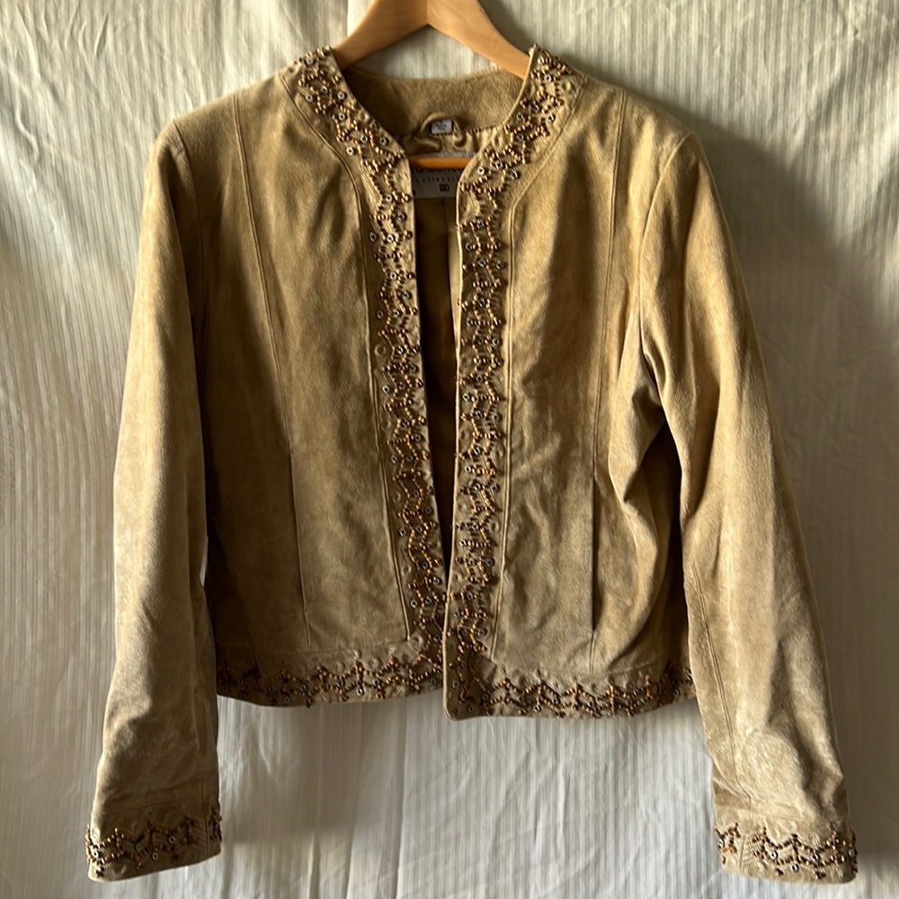 Genuine leather jacket with wooden beads detailing